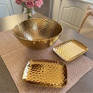 (3) Hammered Gold Bowl And Dish Decor Display Set